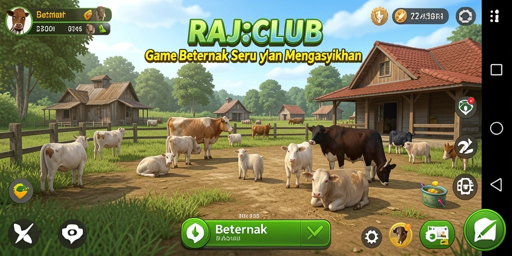 Antarmuka utama RAJACLUB menampilkan peternakan yang kaya warna dengan berbagai hewan dan tanaman.