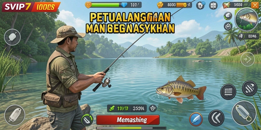 Screenshot menunjukkan antarmuka permainan Memancing yang menarik dan interaktif.