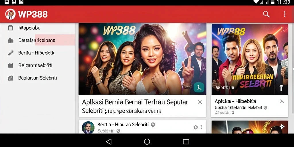 Antarmuka aplikasi WP888 dengan berita selebriti terbaru.